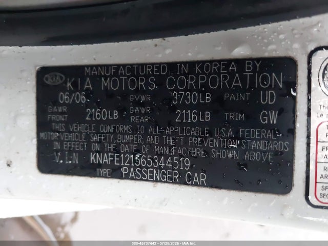 Aukcja sprzedaży 2006 Kia Spectra Ex/lx/sx, vin: KNAFE121565344519, numer aukcji: 45737442