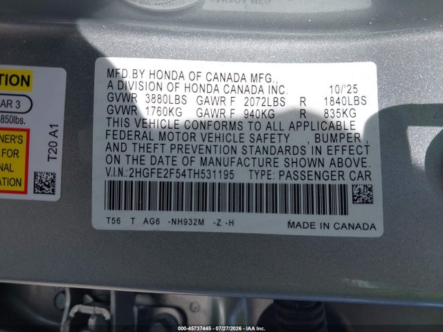 Honda Civic Sport 2026 2HGFE2F54TH531195 Image 9