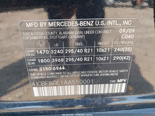 Aukcja sprzedaży 2010 Mercedes-benz Gl 550 4matic, vin: 4JGBF8GE1AA550001, numer aukcji: 45737451