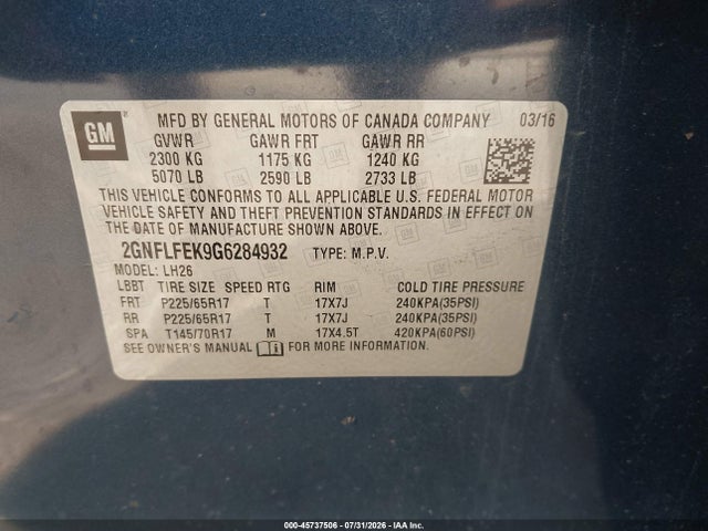 45737506 :رقم المزاد ، 2GNFLFEK9G6284932 vin ، 2016 Chevrolet Equinox Lt مزاد بيع