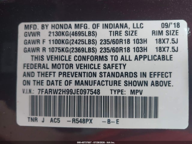 Honda Cr-v Touring 2018 7FARW2H99JE097548 Image 9