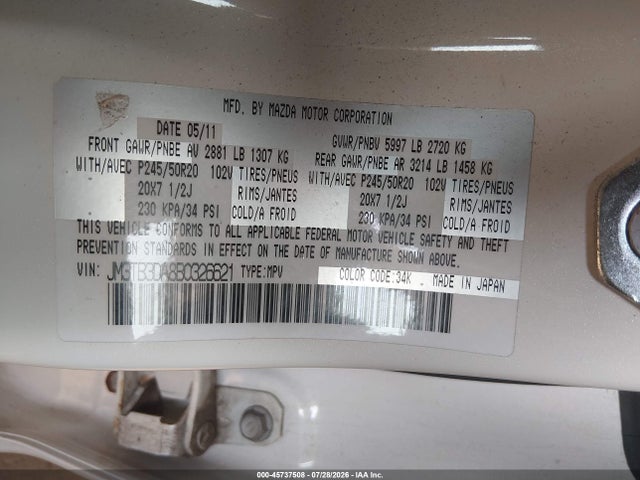 45737508 :رقم المزاد ، JM3TB3DA8B0326621 vin ، 2011 Mazda Cx-9 Grand Touring مزاد بيع