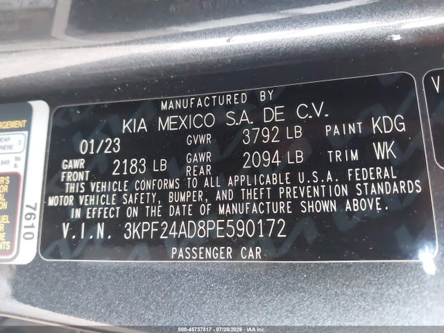 2023 Kia Forte Lxs მანქანა იყიდება აუქციონზე, vin: 3KPF24AD8PE590172, აუქციონის ნომერი: 45737517