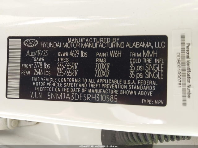 45737521 :رقم المزاد ، 5NMJA3DE5RH310585 vin ، 2024 Hyundai Tucson Se مزاد بيع