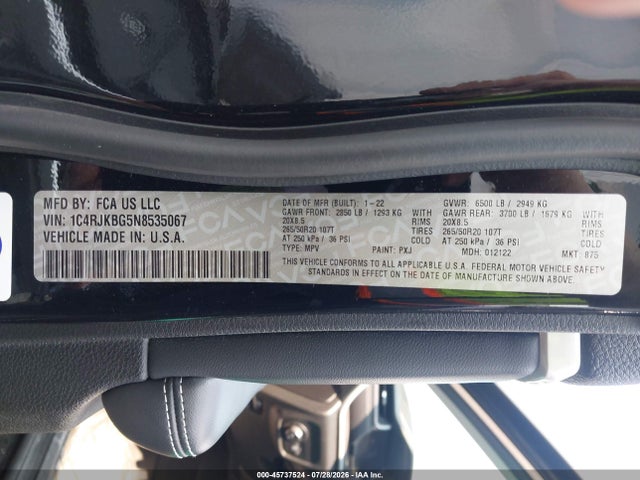 Aukcja sprzedaży 2022 Jeep Grand Cherokee L Limited 4x4, vin: 1C4RJKBG5N8535067, numer aukcji: 45737524