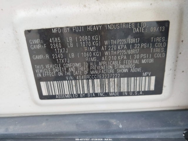45737537 :رقم المزاد ، 4S4BRCCC7E3237222 vin ، 2014 Subaru Outback 2.5i Premium مزاد بيع