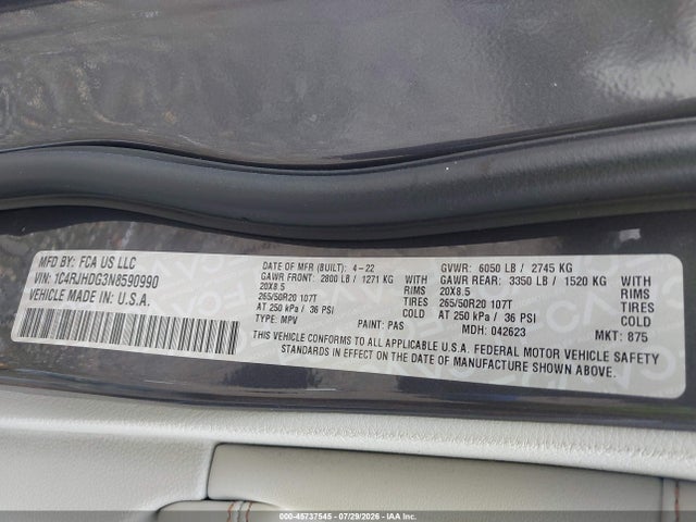 2022 Jeep Grand Cherokee Overland 4x4 მანქანა იყიდება აუქციონზე, vin: 1C4RJHDG3N8590990, აუქციონის ნომერი: 45737545