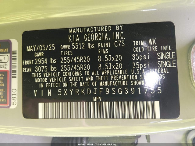 Продажа на аукционе авто 2025 Kia Sorento X-line Sx Prestige, vin: 5XYRKDJF9SG391755, номер лота: 45737554