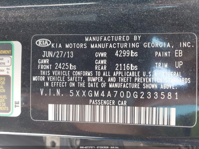 Продаж на аукціоні авто 2013 Kia Optima Lx, vin: 5XXGM4A70DG233581, номер лоту: 45737571