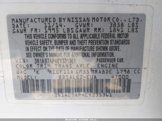 Продаж на аукціоні авто 2014 Nissan Sentra Sl, vin: 3N1AB7AP4EY331361, номер лоту: 45737602