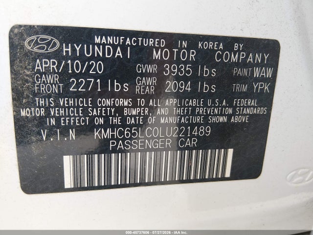 2020 Hyundai Ioniq Hybrid Blue მანქანა იყიდება აუქციონზე, vin: KMHC65LC0LU221489, აუქციონის ნომერი: 45737606