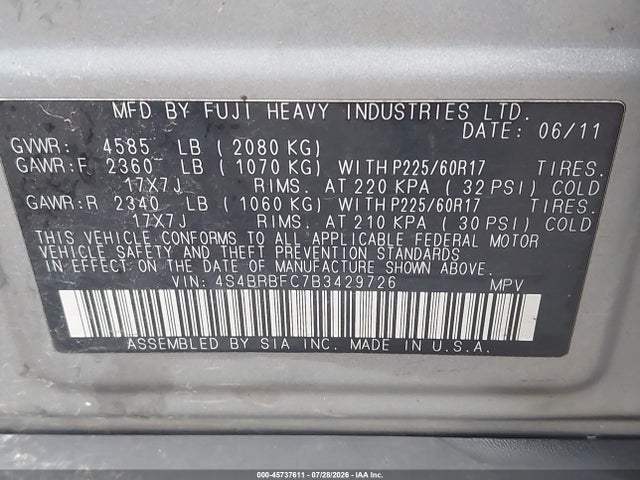 Продаж на аукціоні авто 2011 Subaru Outback 2.5i Premium, vin: 4S4BRBFC7B3429726, номер лоту: 45737611