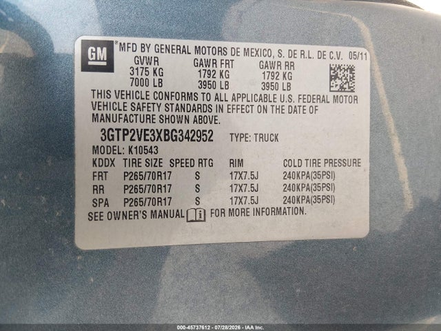 Aukcja sprzedaży 2011 Gmc Sierra 1500 Sle, vin: 3GTP2VE3XBG342952, numer aukcji: 45737612