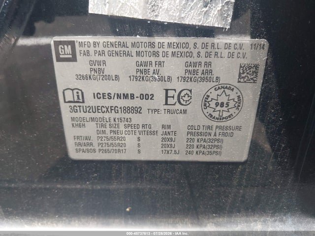 Продажа на аукционе авто 2015 Gmc Sierra 1500 Sle, vin: 3GTU2UECXFG188892, номер лота: 45737613