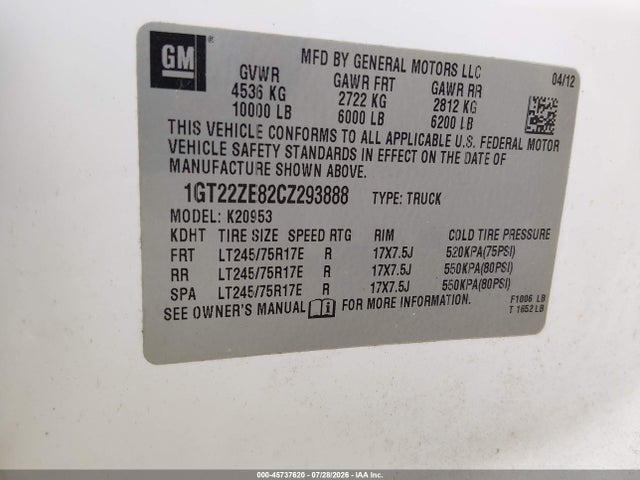 Продажа на аукционе авто 2012 Gmc Sierra 2500hd Work Truck, vin: 1GT22ZE82CZ293888, номер лота: 45737620
