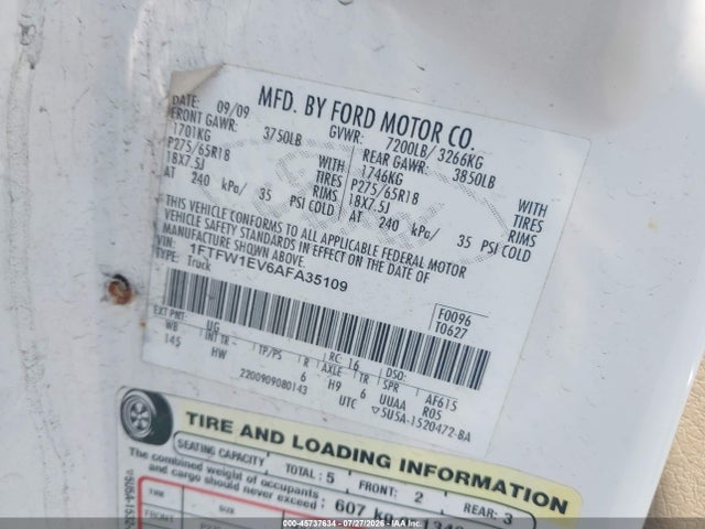 Aukcja sprzedaży 2010 Ford F-150 Fx4/harley-davidson/king Ranch/lariat/platinum/xl/xlt, vin: 1FTFW1EV6AFA35109, numer aukcji: 45737634