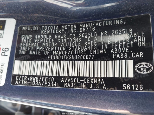 45737639 :رقم المزاد ، 4T1BD1FK8HU206677 vin ، 2017 Toyota Camry Hybrid Le مزاد بيع