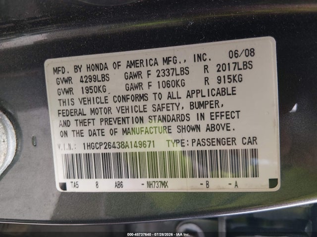 Aukcja sprzedaży 2008 Honda Accord 2.4 Lx-p, vin: 1HGCP26438A149671, numer aukcji: 45737640