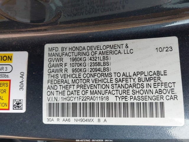 Aukcja sprzedaży 2024 Honda Accord Lx, vin: 1HGCY1F22RA011918, numer aukcji: 45737642