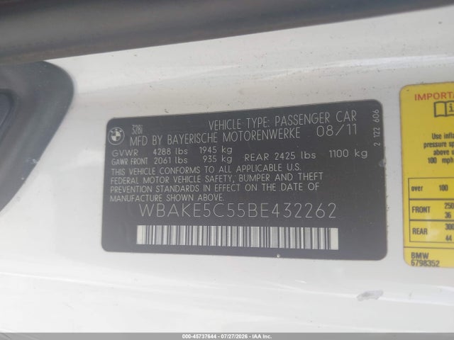 2011 Bmw 328i მანქანა იყიდება აუქციონზე, vin: WBAKE5C55BE432262, აუქციონის ნომერი: 45737644