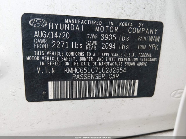 2020 Hyundai Ioniq Hybrid Blue მანქანა იყიდება აუქციონზე, vin: KMHC65LC7LU232554, აუქციონის ნომერი: 45737649
