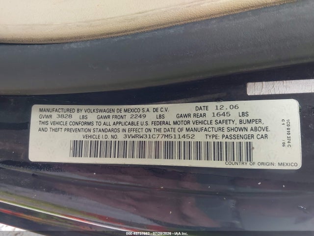Aukcja sprzedaży 2007 Volkswagen New Beetle 2.5, vin: 3VWRW31C77M511452, numer aukcji: 45737662