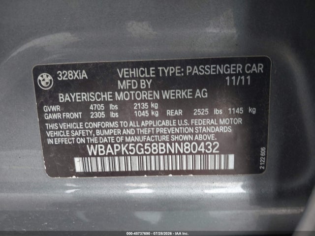 Aukcja sprzedaży 2011 Bmw 328i Xdrive, vin: WBAPK5G58BNN80432, numer aukcji: 45737690