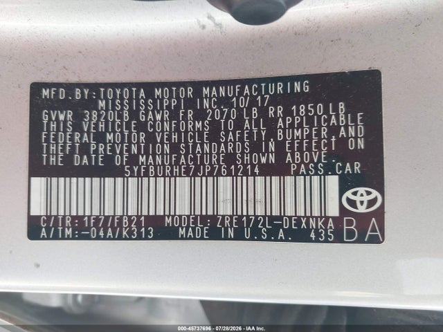 2018 Toyota Corolla Le მანქანა იყიდება აუქციონზე, vin: 5YFBURHE7JP761214, აუქციონის ნომერი: 45737696