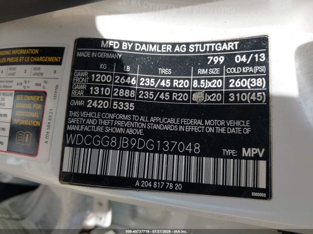 2013 Mercedes-benz Glk 350 4matic მანქანა იყიდება აუქციონზე, vin: WDCGG8JB9DG137048, აუქციონის ნომერი: 45737719