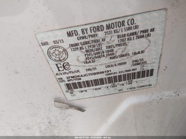 Продаж на аукціоні авто 2013 Ford Edge Sel, vin: 2FMDK4JC7DBB96191, номер лоту: 45737720