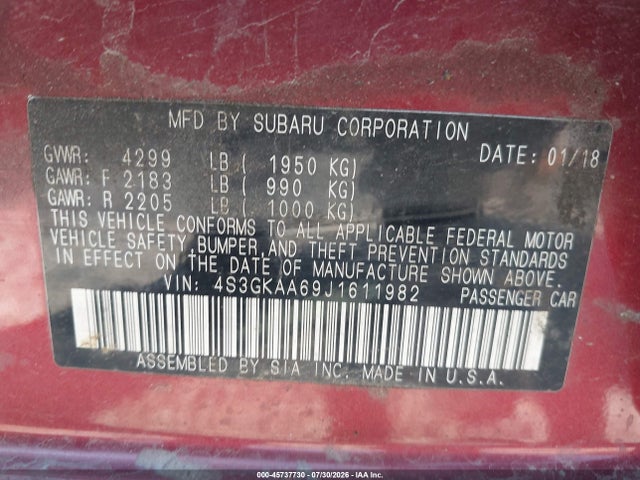 Aukcja sprzedaży 2018 Subaru Impreza 2.0i, vin: 4S3GKAA69J1611982, numer aukcji: 45737730