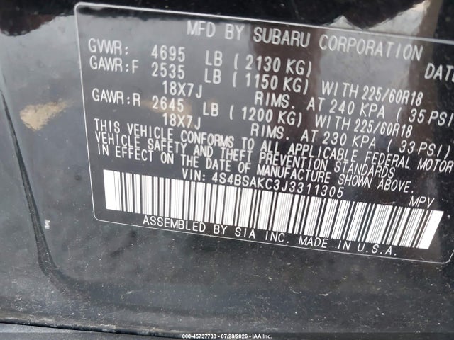 Aukcja sprzedaży 2018 Subaru Outback 2.5i Limited, vin: 4S4BSAKC3J3311305, numer aukcji: 45737733