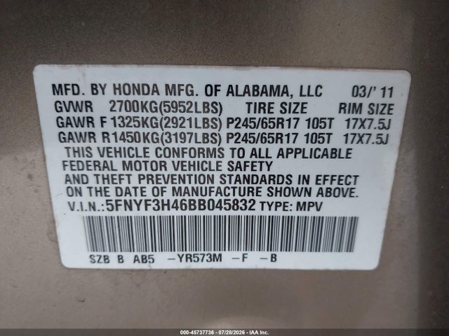 2011 Honda Pilot Ex მანქანა იყიდება აუქციონზე, vin: 5FNYF3H46BB045832, აუქციონის ნომერი: 45737736