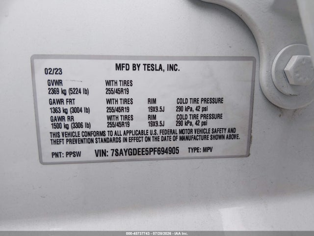 Aukcja sprzedaży 2023 Tesla Model Y Awd/long Range Dual Motor All-wheel Drive, vin: 7SAYGDEE5PF694905, numer aukcji: 45737743