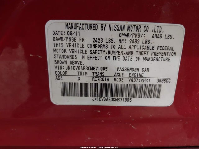Продаж на аукціоні авто 2012 Infiniti G37x, vin: JN1CV6AR3CM671905, номер лоту: 45737744
