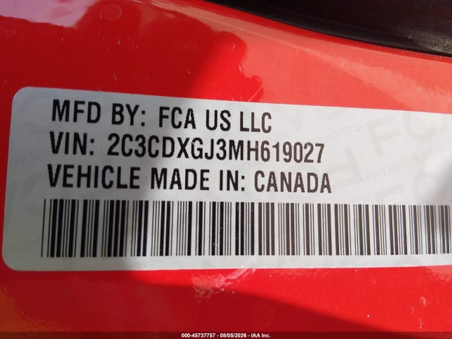 Продажа на аукционе авто 2021 Dodge Charger Scat Pack Rwd, vin: 2C3CDXGJ3MH619027, номер лота: 45737757