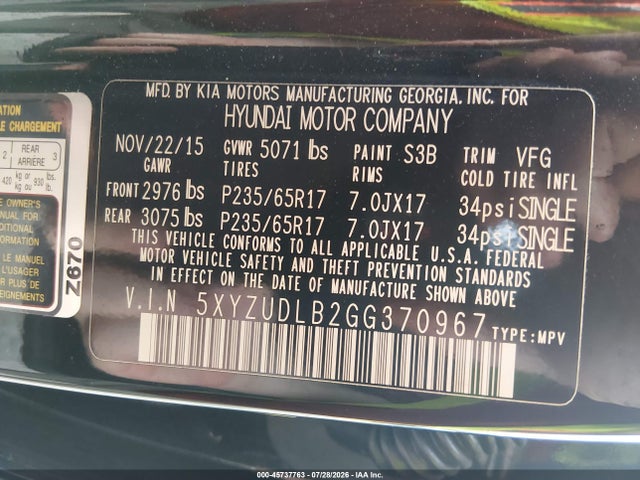 Aukcja sprzedaży 2016 Hyundai Santa Fe Sport 2.4l, vin: 5XYZUDLB2GG370967, numer aukcji: 45737763