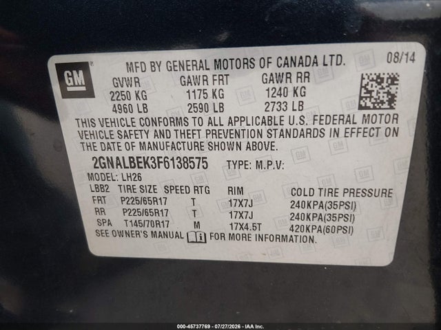 Aukcja sprzedaży 2015 Chevrolet Equinox 1lt, vin: 2GNALBEK3F6138575, numer aukcji: 45737769