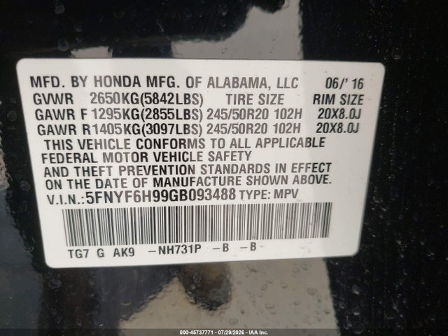 Honda Pilot Touring 2016 5FNYF6H99GB093488 Image 9
