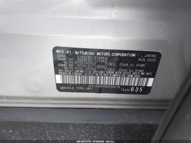 45737779 :رقم المزاد ، JA4J3VA82NZ090276 vin ، 2022 Mitsubishi Outlander Sel 2.5 2wd/sel Special Edition 2wd مزاد بيع