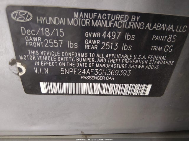 45737785 :رقم المزاد ، 5NPE24AF3GH369393 vin ، 2016 Hyundai Sonata Se مزاد بيع