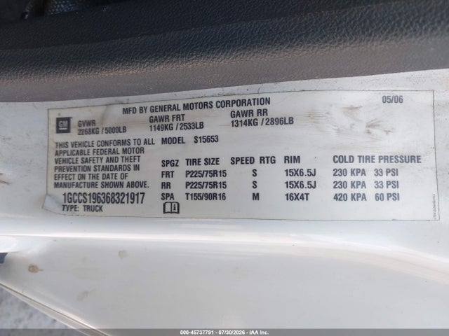 45737791 :رقم المزاد ، 1GCCS196368321917 vin ، 2006 Chevrolet Colorado Lt مزاد بيع