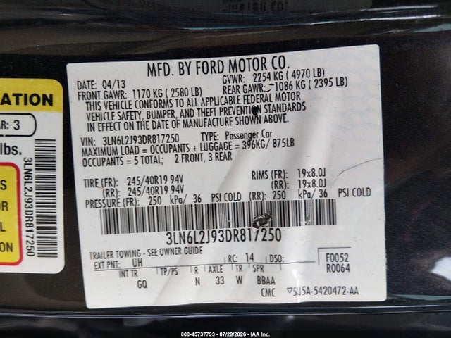 Aukcja sprzedaży 2013 Lincoln Mkz, vin: 3LN6L2J93DR817250, numer aukcji: 45737793