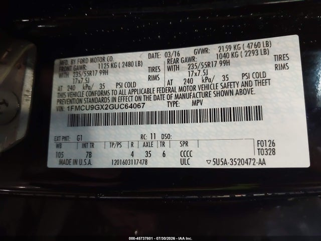 Ford ESCAPE SE 2016 1FMCU9GX2GUC64067 Image 9