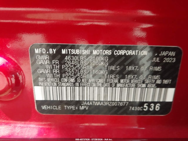 Aukcja sprzedaży 2024 Mitsubishi Eclipse Cross Se S-awc, vin: JA4ATWAA3RZ007677, numer aukcji: 45737826