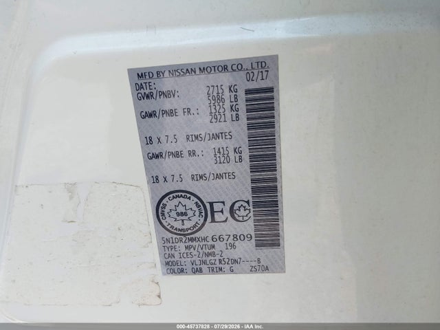 Aukcja sprzedaży 2017 Nissan Pathfinder Platinum/s/sl/sv, vin: 5N1DR2MMXHC667809, numer aukcji: 45737828