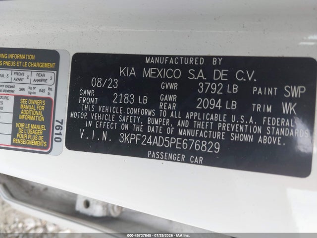 Aukcja sprzedaży 2023 Kia Forte Lxs, vin: 3KPF24AD5PE676829, numer aukcji: 45737845