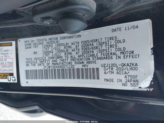 Aukcja sprzedaży 2005 Lexus Gx 470, vin: JTJBT20X450071120, numer aukcji: 45737854