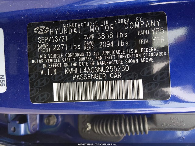 Aukcja sprzedaży 2022 Hyundai Elantra Se, vin: KMHLL4AG3NU255230, numer aukcji: 45737855