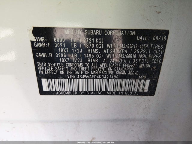 2019 Subaru Ascent Premium მანქანა იყიდება აუქციონზე, vin: 4S4WMAFD4K3421490, აუქციონის ნომერი: 45737882